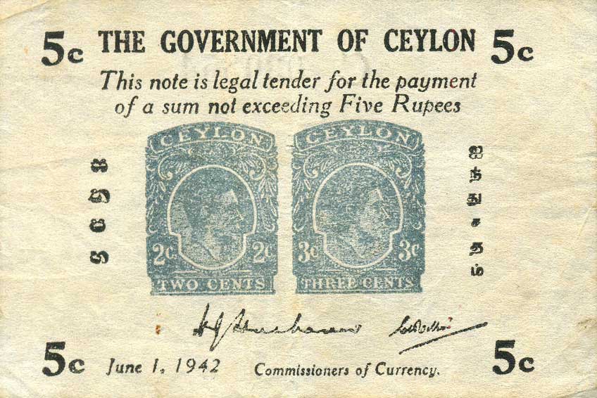Front of Ceylon p42a: 5 Cents from 1942