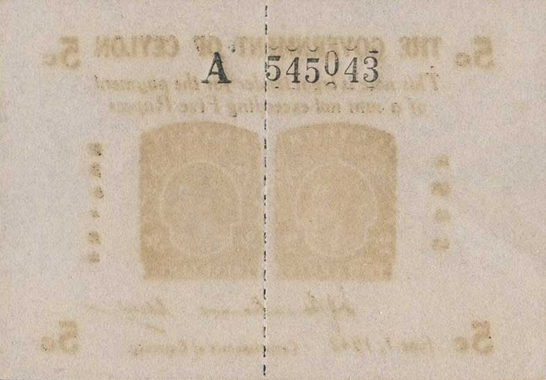 Back of Ceylon p42b: 5 Cents from 1942