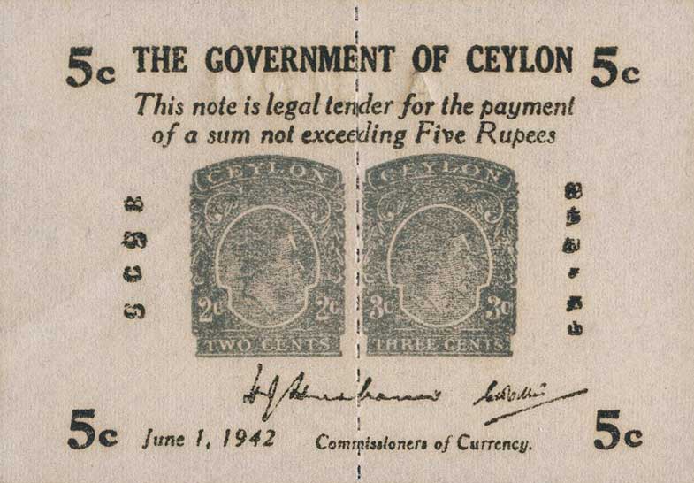 Front of Ceylon p42b: 5 Cents from 1942