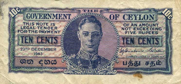 Front of Ceylon p43b: 10 Cents from 1943