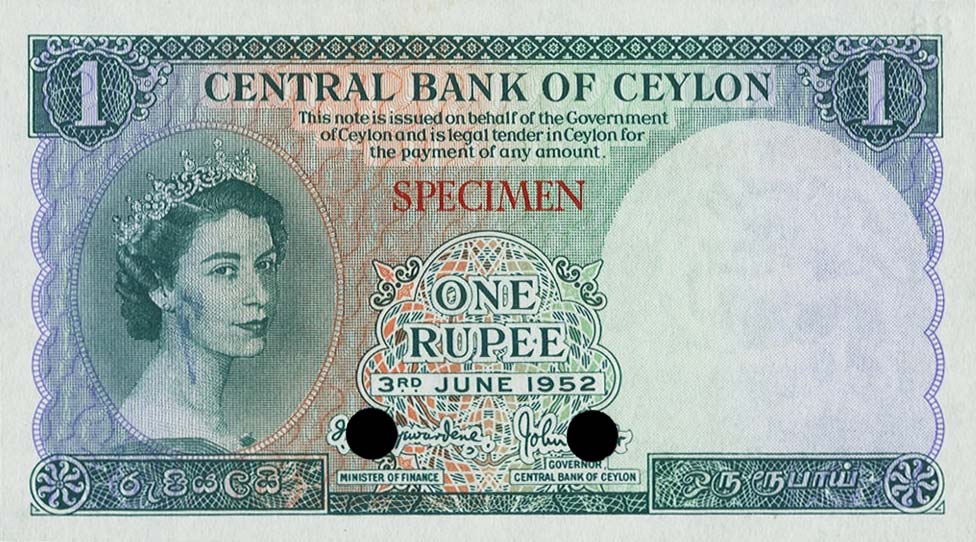 Front of Ceylon p49ct: 1 Rupee from 1952