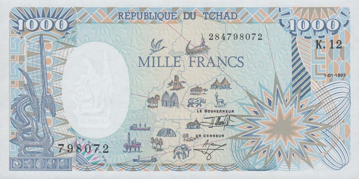 Front of Chad p10Ac: 1000 Francs from 1992