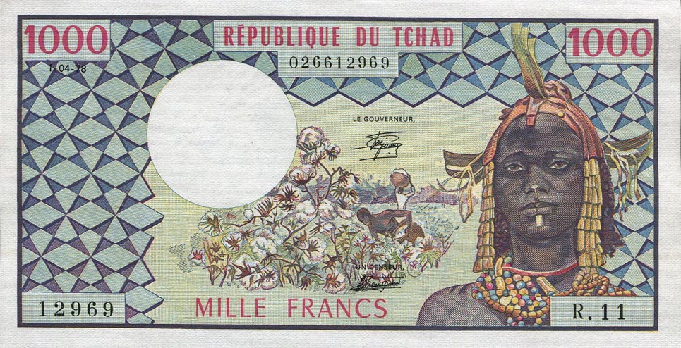 Front of Chad p3c: 1000 Francs from 1978
