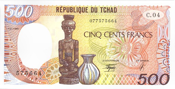 Front of Chad p9c: 500 Francs from 1990