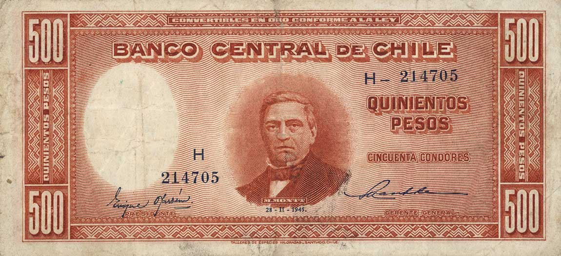 Front of Chile p106: 500 Pesos from 1945