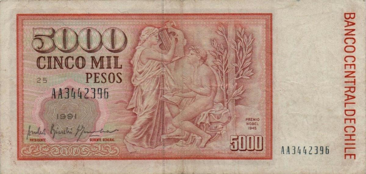 Back of Chile p155c: 5000 Pesos from 1991