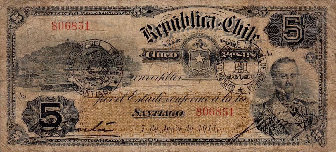 Front of Chile p19b: 5 Pesos from 1911