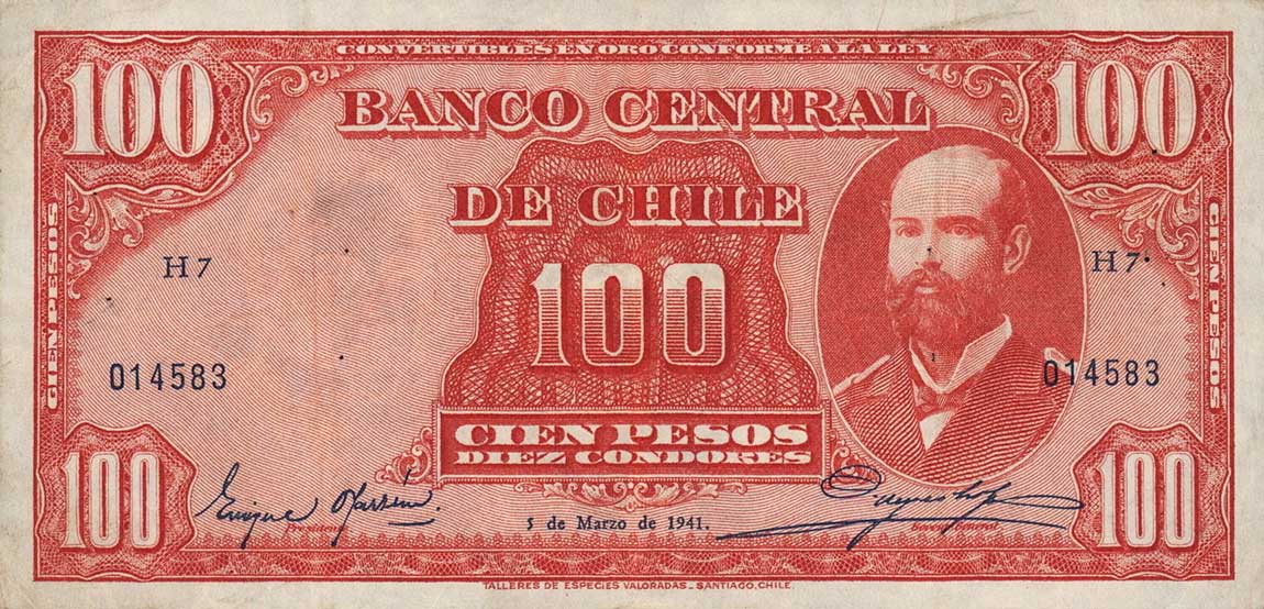 Front of Chile p96: 100 Pesos from 1939