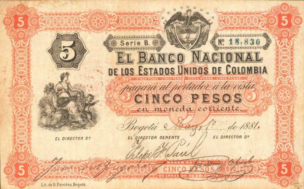 Front of Colombia p135: 5 Pesos from 1881