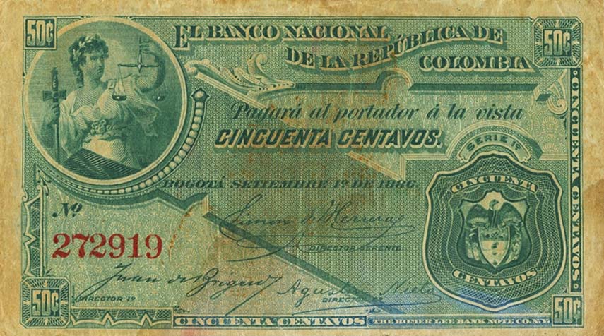 Front of Colombia p191: 50 Centavos from 1886