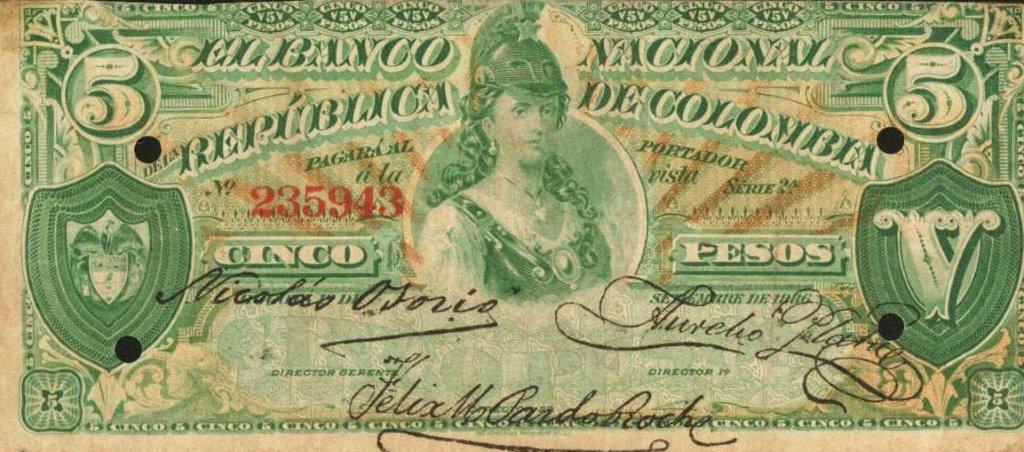 Front of Colombia p194: 5 Pesos from 1886