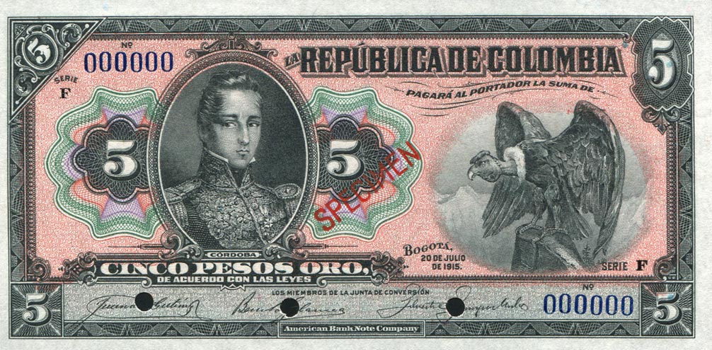 Front of Colombia p323s: 5 Pesos Oro from 1915
