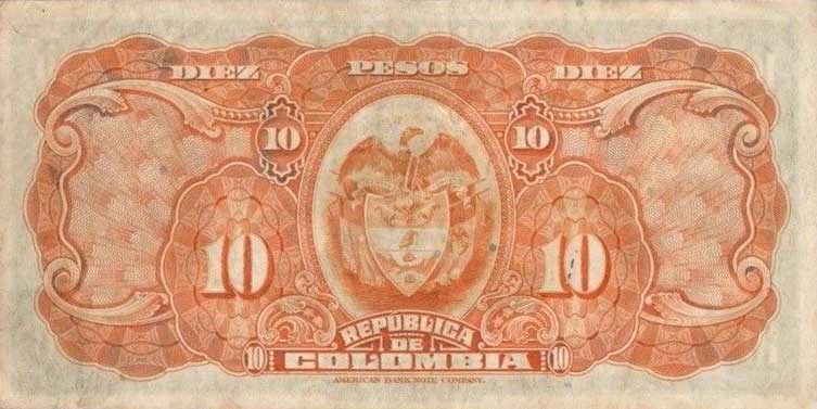 Back of Colombia p342a: 10 Pesos Oro from 1938
