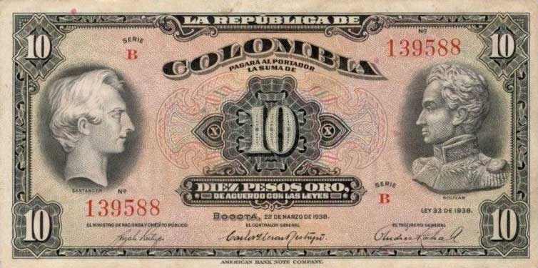 Front of Colombia p342a: 10 Pesos Oro from 1938