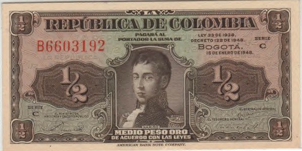 Front of Colombia p345a: 0.5 Peso Oro from 1948