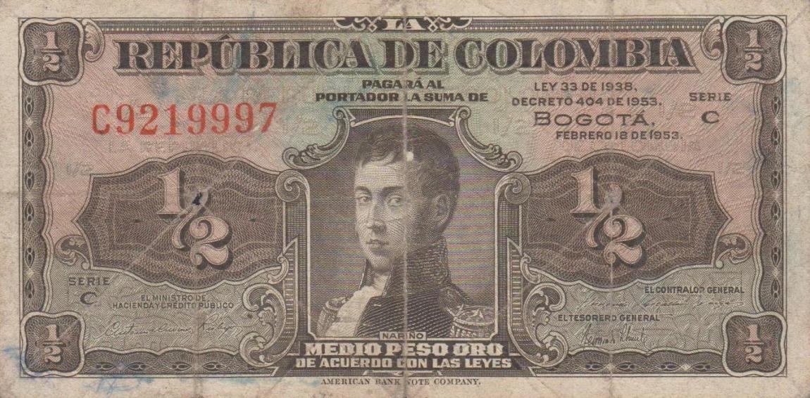 Front of Colombia p345b: 0.5 Peso Oro from 1953