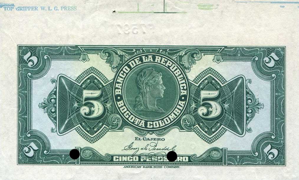 Back of Colombia p363s: 5 Pesos Oro from 1923