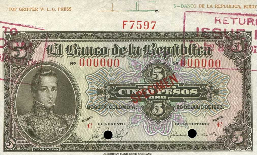 Front of Colombia p363s: 5 Pesos Oro from 1923