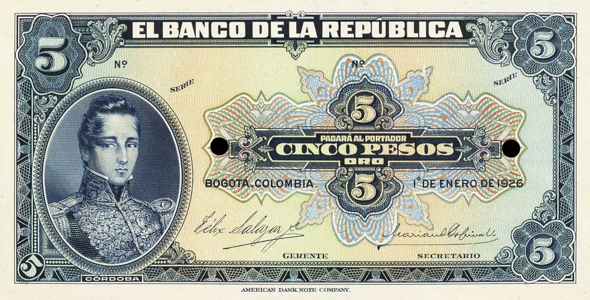 Front of Colombia p373p1: 5 Pesos Oro from 1926