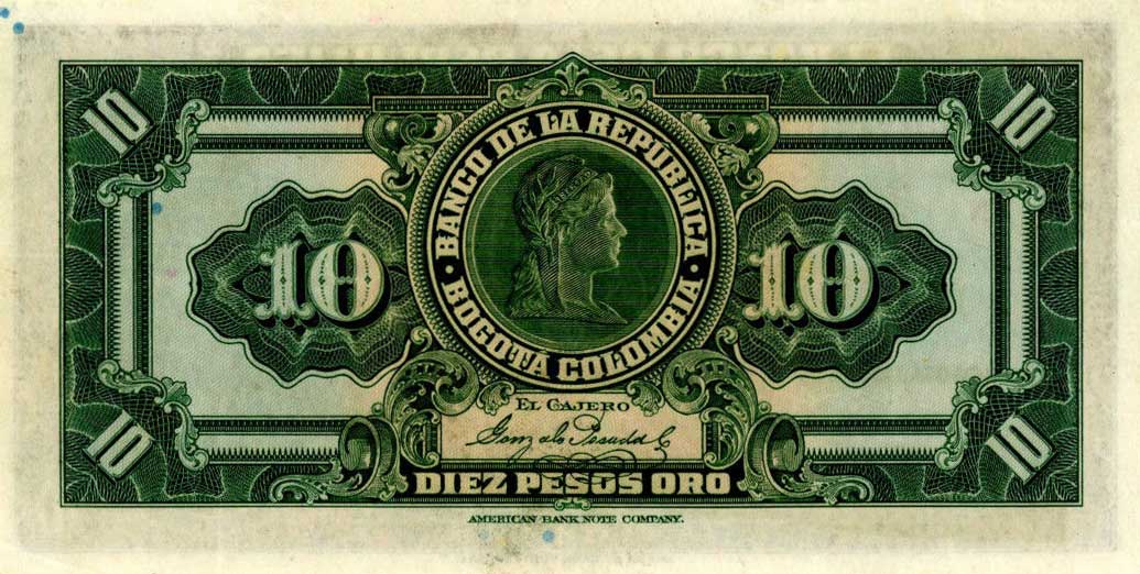 Back of Colombia p374b: 10 Pesos Oro from 1928