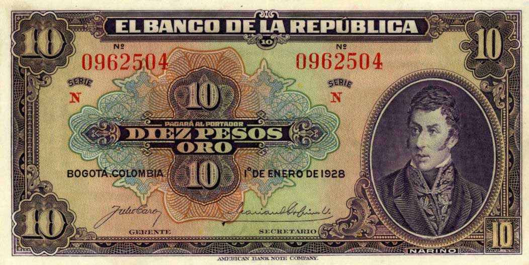 Front of Colombia p374b: 10 Pesos Oro from 1928