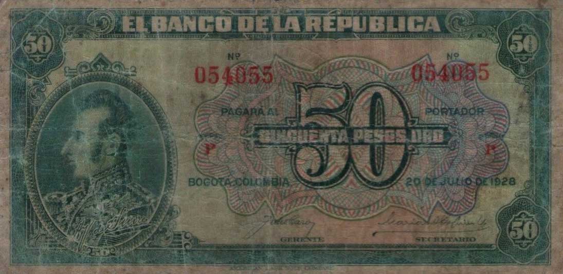 Front of Colombia p375b: 50 Pesos Oro from 1928