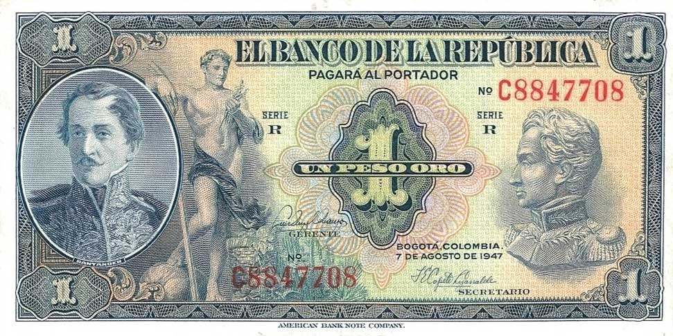 Front of Colombia p380e: 1 Peso Oro from 1946