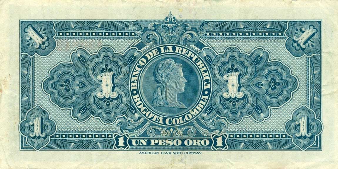 Back of Colombia p380g: 1 Peso Oro from 1954
