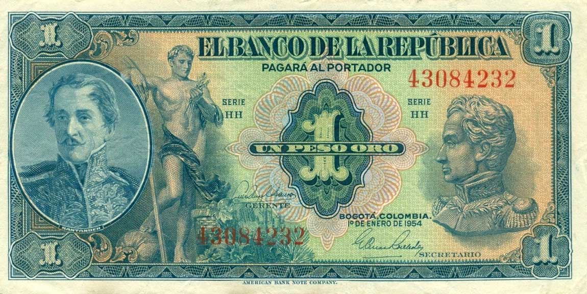 Front of Colombia p380g: 1 Peso Oro from 1954