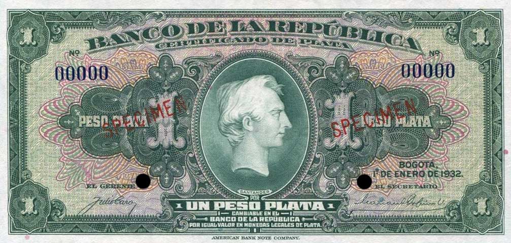 Front of Colombia p382s: 1 Peso from 1932