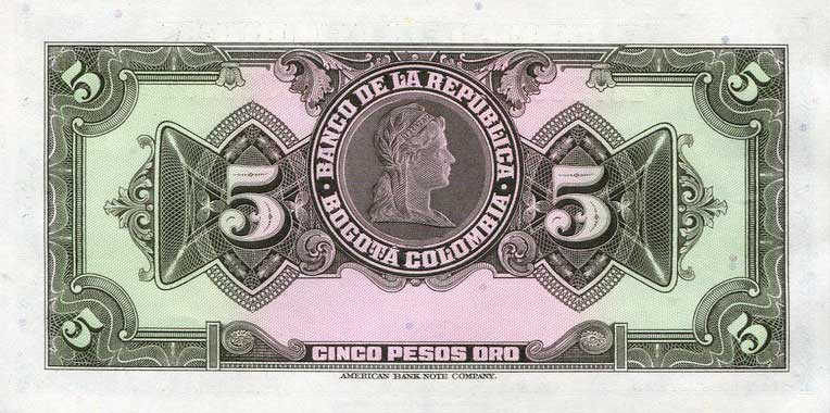 Back of Colombia p386c: 5 Pesos Oro from 1944