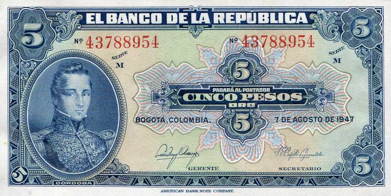 Front of Colombia p386c: 5 Pesos Oro from 1944