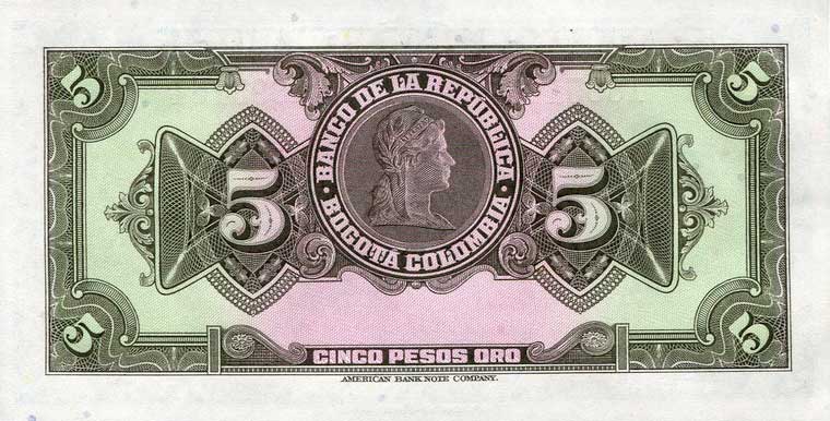 Back of Colombia p386e: 5 Pesos Oro from 1950