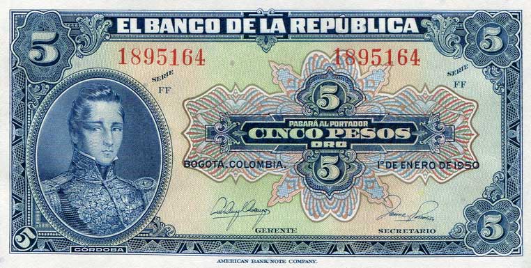 Front of Colombia p386e: 5 Pesos Oro from 1950