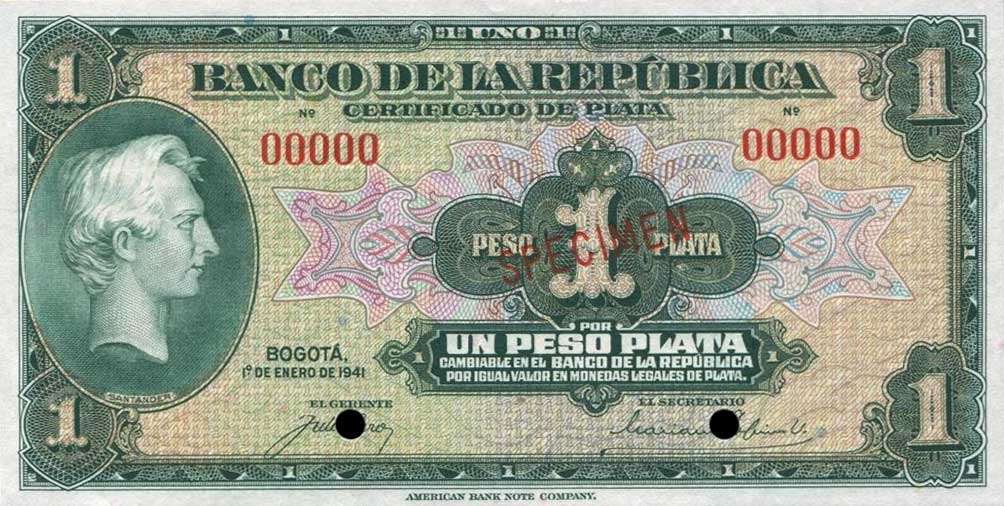 Front of Colombia p387s: 1 Peso from 1941