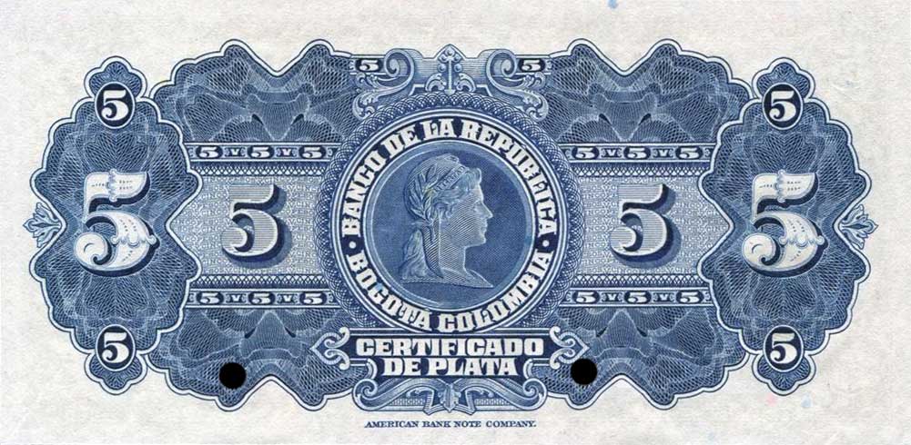 Back of Colombia p388s: 5 Pesos from 1941