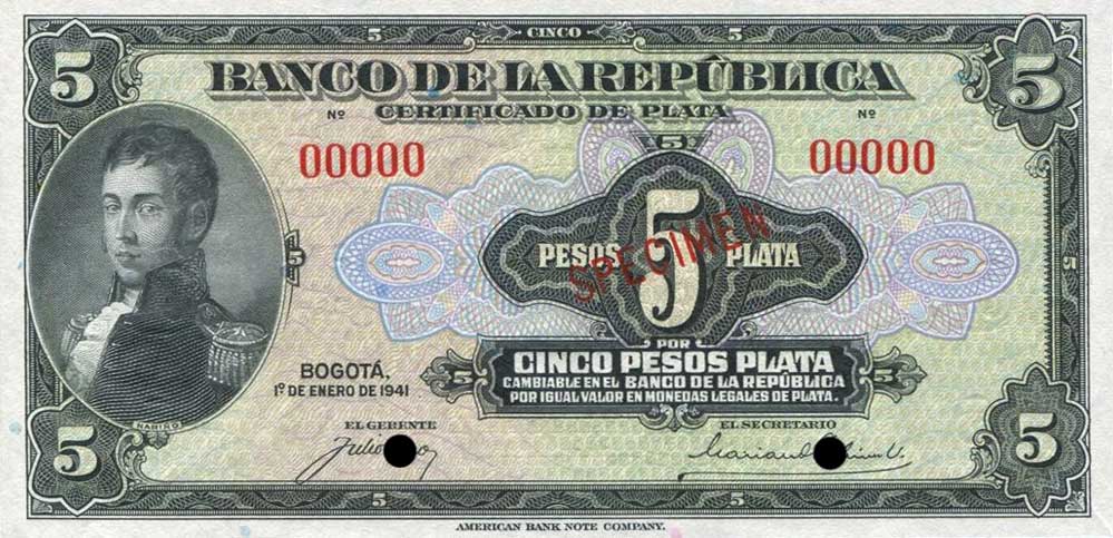 Front of Colombia p388s: 5 Pesos from 1941