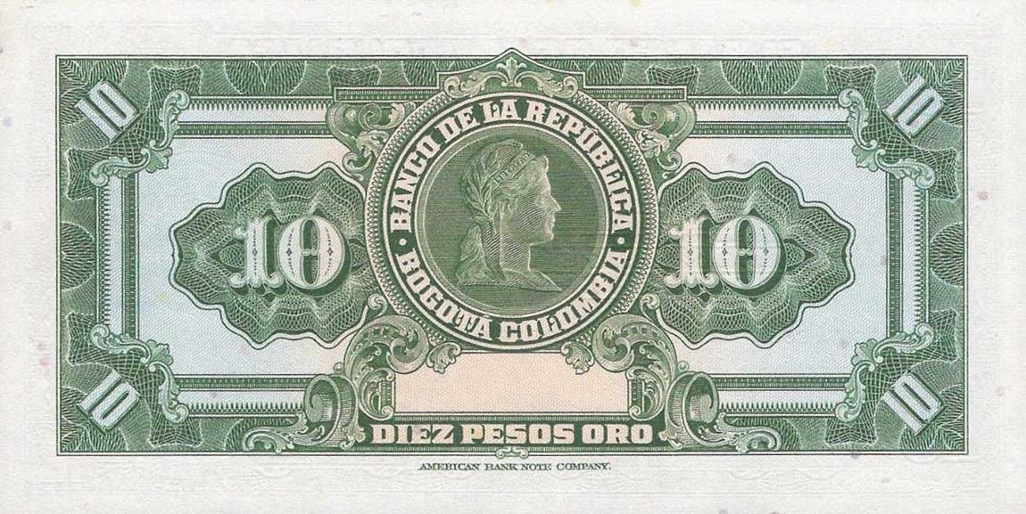 Back of Colombia p389f: 10 Pesos Oro from 1963
