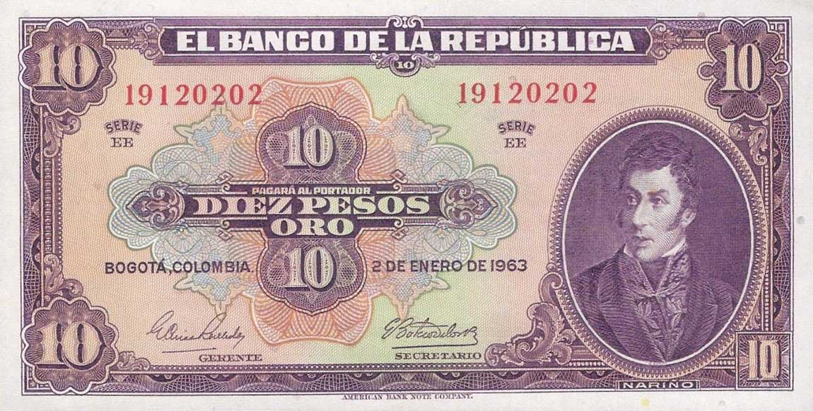Front of Colombia p389f: 10 Pesos Oro from 1963