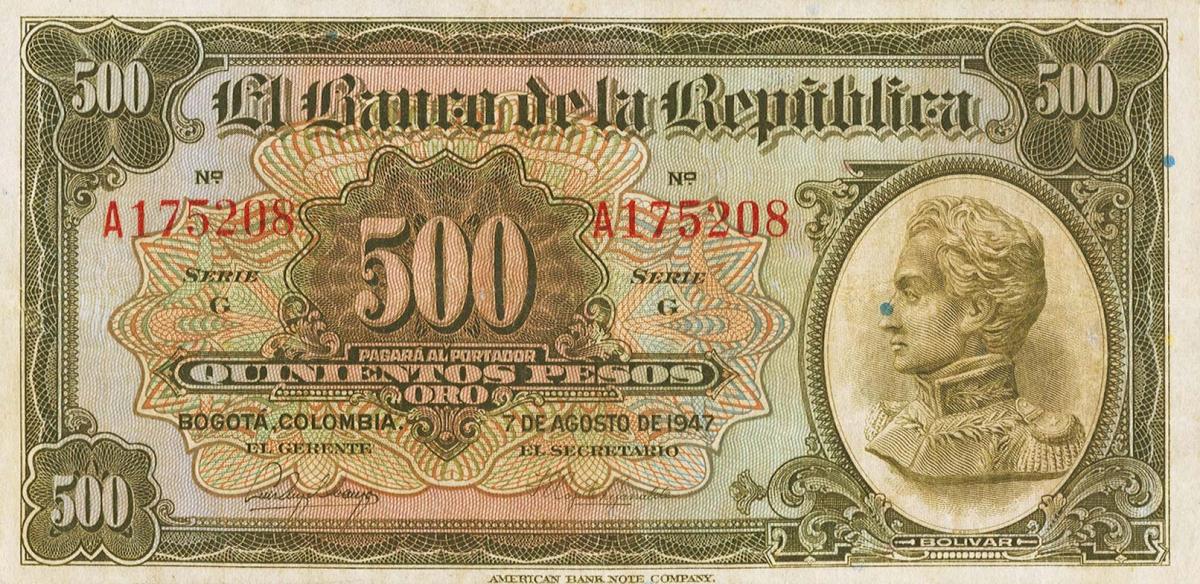 Front of Colombia p391b: 500 Pesos from 1944