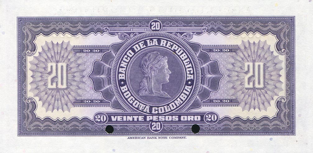 Back of Colombia p392s: 20 Pesos Oro from 1943