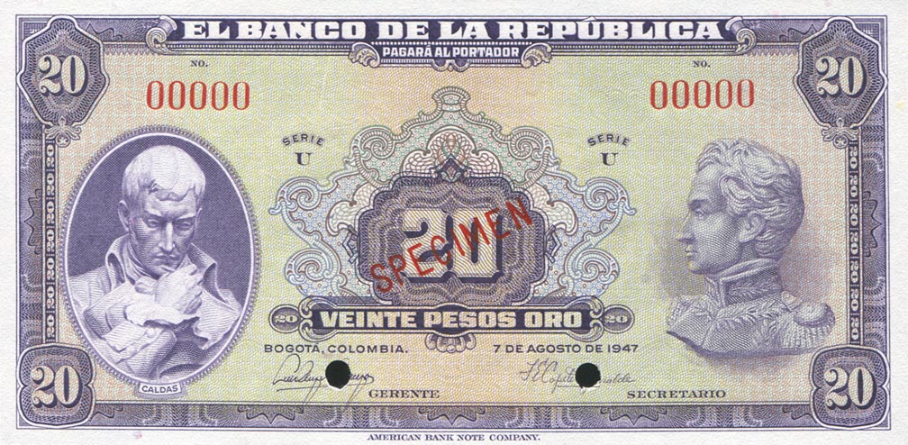 Front of Colombia p392s: 20 Pesos Oro from 1943