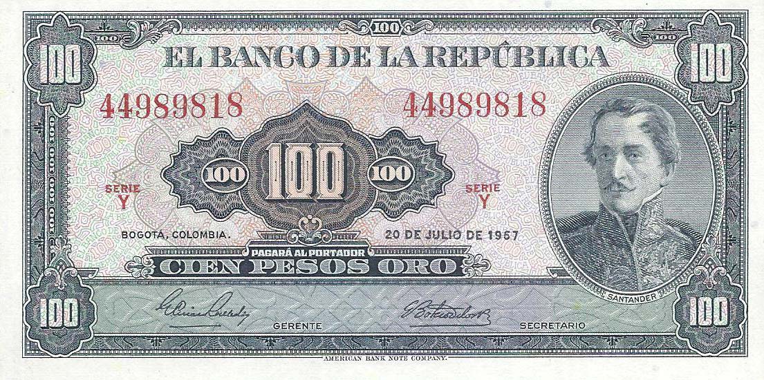 Front of Colombia p403b: 100 Pesos Oro from 1960