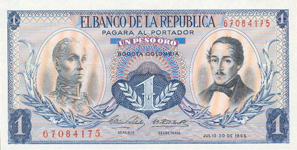 Front of Colombia p404c: 1 Peso Oro from 1966