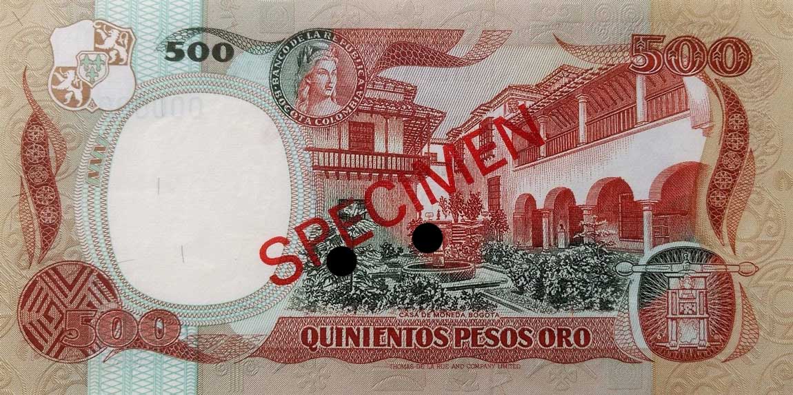 Back of Colombia p423s2: 500 Pesos Oro from 1981