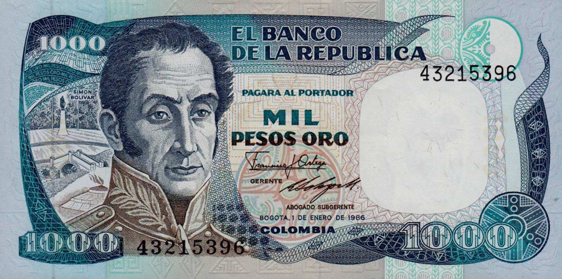 Front of Colombia p424c: 1000 Pesos Oro from 1986