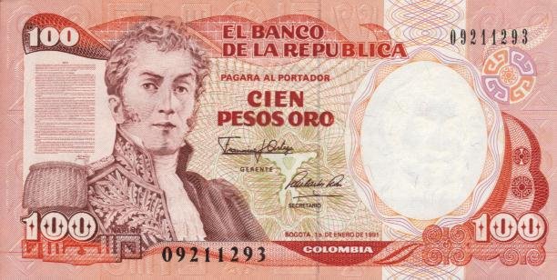 Front of Colombia p426e: 100 Pesos Oro from 1990