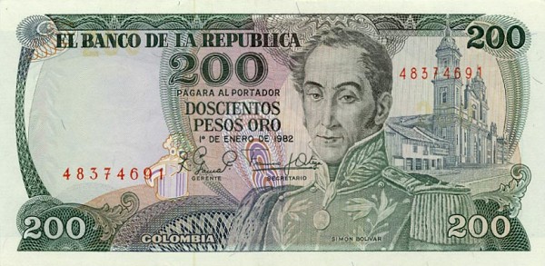 Front of Colombia p427a: 200 Pesos Oro from 1982