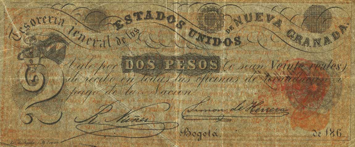 Front of Colombia p62: 2 Pesos from 1862