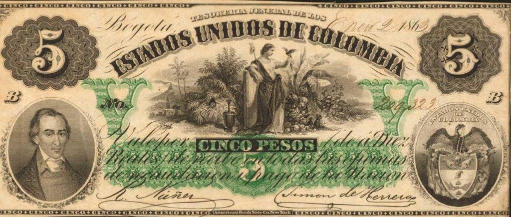 Front of Colombia p76: 5 Pesos from 1863